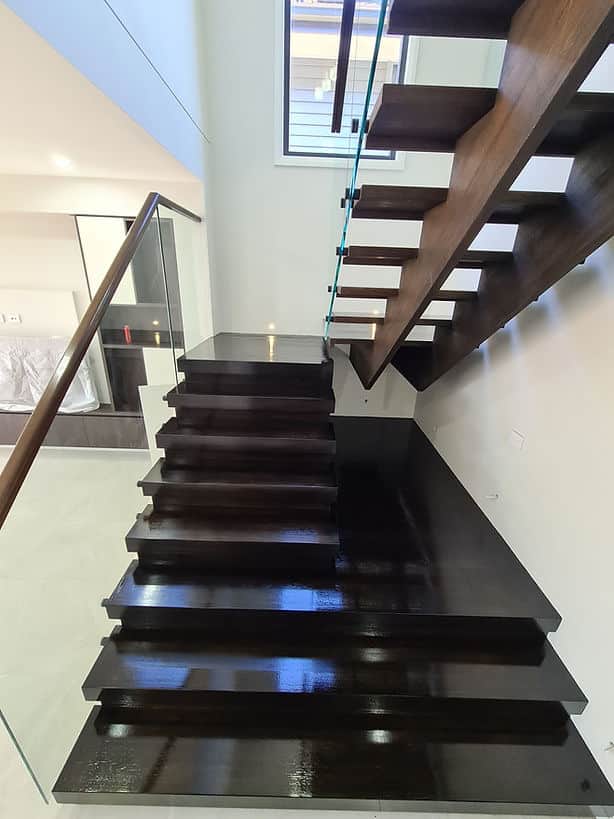 Clear coat finish on timber stairs in Box Hill home