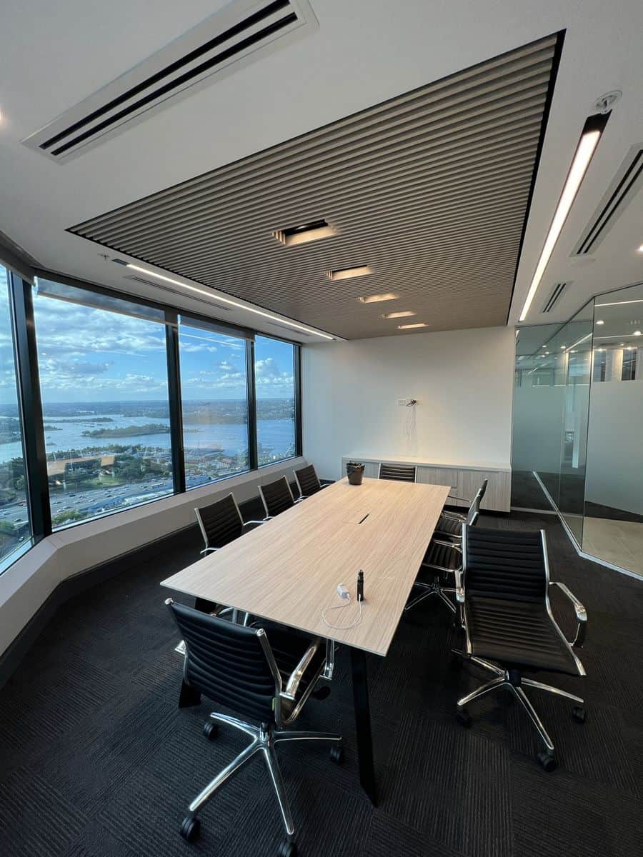 Modern Sydney CBD workspace after repainting with bright white walls, open office layout and timber finishes